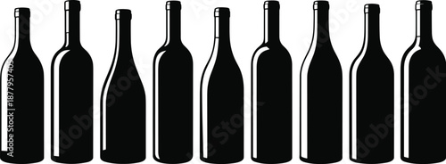 Elegant black wine bottles lined up against white background showcasing minimalist design for sophisticated branding and marketing materials perfect for restaurant menus wine labels or advertising cam