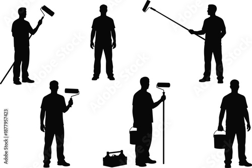 Painter silhouette collection showing workers using rollers buckets tools, house renovation and decorating vector illustration isolated white background