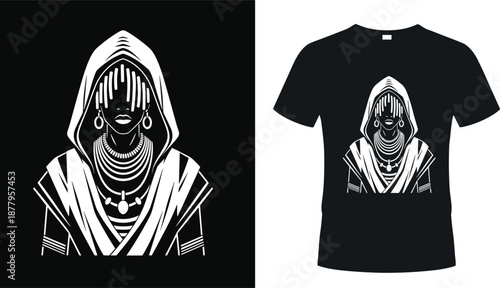 Black and white tribal woman silhouette with traditional jewelry and hood, ethnic streetwear apparel t-shirt design mockup, isolated vector.