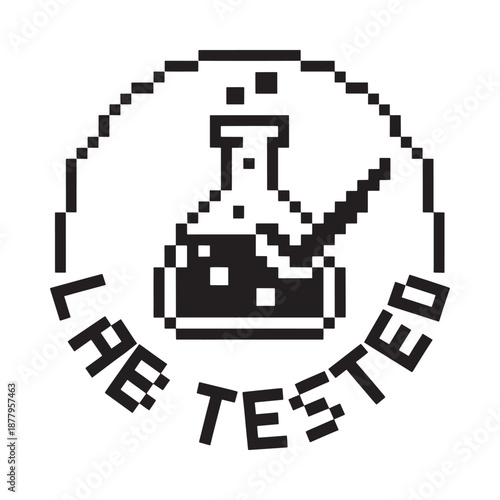 Pixel art lab tested logo with beaker and checkmark