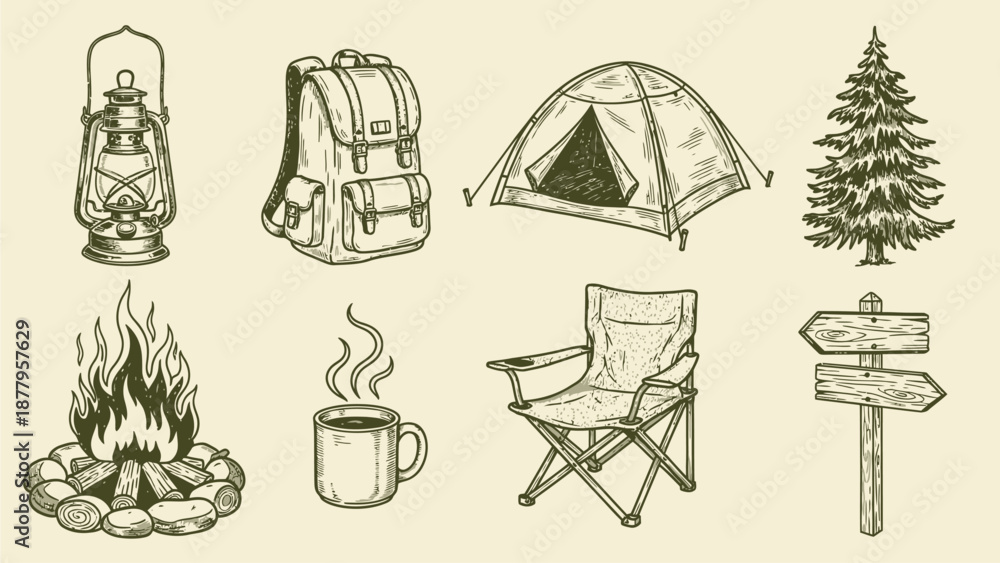 Fototapeta premium Collection of Hand-Drawn Camping and Outdoor Adventure Icons, Perfect for Nature Enthusiasts and Travel Journals