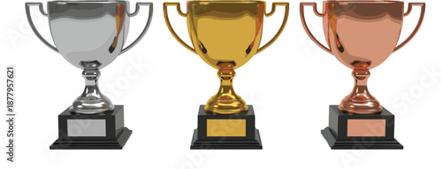 Winner Trophy Cup Collection with Gold, Silver, and Bronze Awards for Sports Competition, Achievement, Victory, and Championship Design Projects