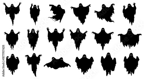 A collection of spooky ghost silhouettes in various poses, perfect for Halloween designs, digital art, or adding a ghostly element to any creative project or holiday-themed graphic.