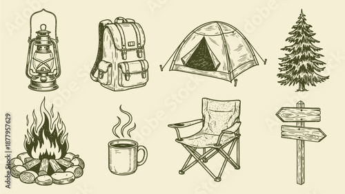 Collection of Hand-Drawn Camping and Outdoor Adventure Icons, Perfect for Nature Enthusiasts and Travel Journals