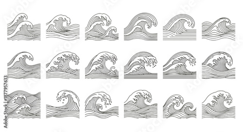 A collection of detailed, black and white line art illustrations depicting various stylized ocean waves, perfect for design elements and graphic resources.
