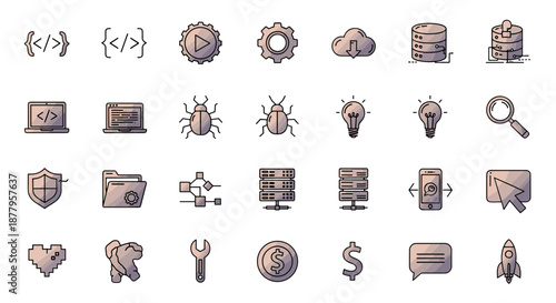 A collection of illustrated computer and technology icons, featuring various symbols like gears, databases, bugs, lightbulbs, and more, presented in a simple, modern design style.