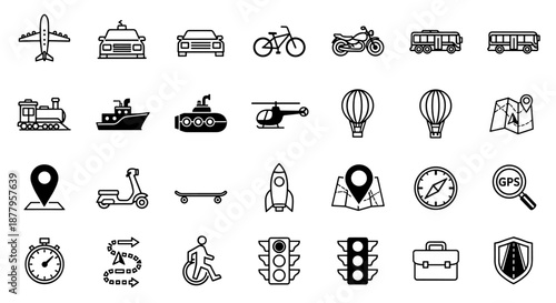 A collection of various transportation icons, including planes, cars, bikes, trains, and boats, displayed in a simple black and white line art style for diverse design applications.