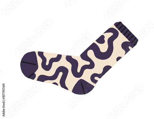 One patterned ankle sock. Stylish mid calf high stocking with print of abstract shapes. Fashion hosiery. Cotton foot clothes, wearing accessory. Flat isolated vector illustration on white background.