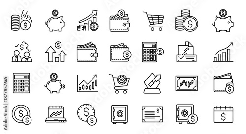 A collection of financial and business icons, including wallets, piggy banks, charts, and calculators, presented in a clean, monochrome line art style for use in design and marketing.