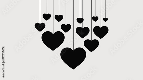 Hanging black heart shape ornaments descending on strings minimalist background design representing love affection romance and valentine's day holiday celebration for greeting cards wedding invitation