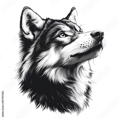 Photo Black and white portrait of a wolf's head with intense gaze looking up canine animal
