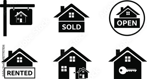 Black silhouette icons for real estate marketing featuring sold, rented, and open house signs, property for sale, keys, isolated vector.