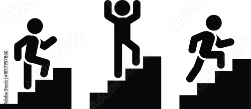 Black stick figures climbing stairs steps to success reaching goal achievement and celebrating on staircase in modern minimalist vector illustration for business presentation website development corpo
