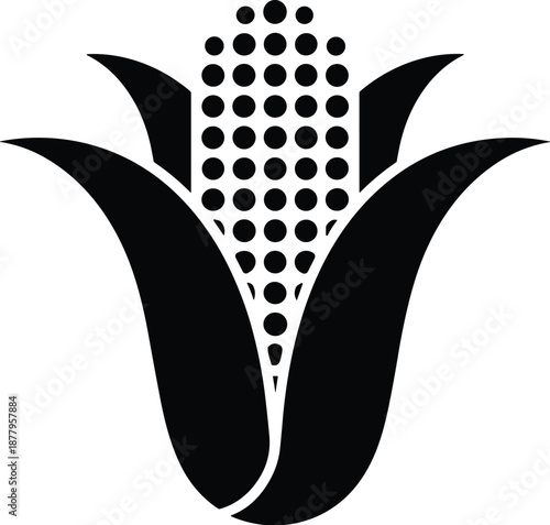 Stylized black corn cob vector illustration icon design featuring symmetrical leaf husk and kernel pattern for food agriculture farming business branding logo graphic element on white background for p
