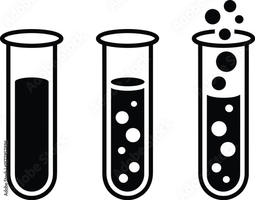 Three test tubes with liquid and bubbles in science lab experiment black and white illustration for scientific research medical testing pharmaceutical development chemistry biology education simple mi