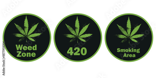 A set of green cannabis leaf icons with the words "Marijuana Zone," "420," and "Smoking Zone." Modern round icons for dispensaries, cannabis stores, festival signs, stickers, and web design