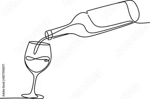 Elegant one line drawing of wine bottle pouring into glass minimalist vector illustration for restaurant bar menu design wine tasting events alcohol beverage advertisement continuous line art graphic