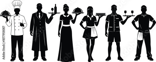Restaurant staff silhouette set featuring chef waiter waitress bartender server hospitality team vector illustration isolated white background