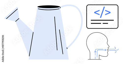 Environmental care, coding, web development, health, education, and conceptual design. Minimalist watering can, a coding symbol and human breathing diagram. Environmental care and coding concept