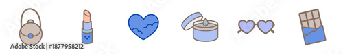 Charming doodle illustrations of everyday items including a stylish purse, lipstick, blue heart, burning candle, heart-shaped sunglasses, and a chocolate bar