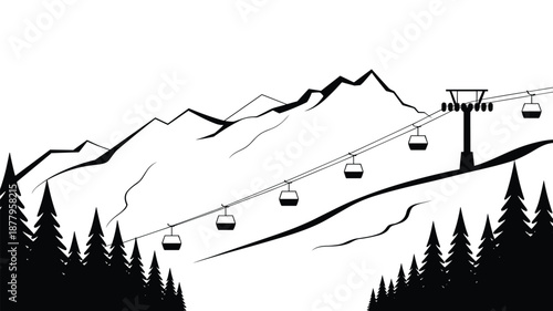 Striking Black and White Ski Lift Silhouette Against Majestic Mountain Range Minimalist Scene Winter Sports Travel Adventure Graphic Design Element for Tourism Promotion and Outdoor Recreation Marketi