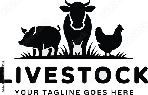Stylized livestock animal silhouettes illustration featuring cow pig and chicken on grass for farming agriculture business logo design marketing materials veterinary services and agricultural product