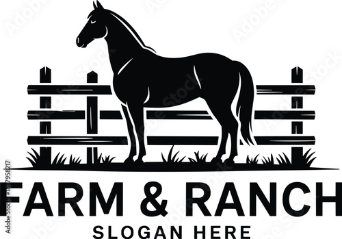 Elegant black horse silhouette standing behind wooden fence on farm illustration for equestrian business equine veterinarian ranch logo design branding animal husbandry advertising country living conc