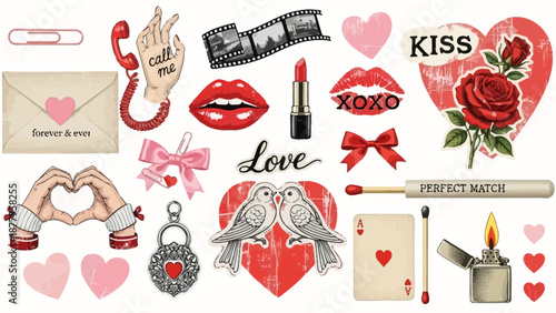 A vibrant collection of retro romance symbols and charming vintage love elements perfect for celebrating affection and heartfelt connections
