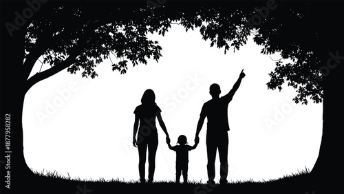 Black silhouette of a happy family with father, mother, and child walking in nature under a large tree, isolated background.