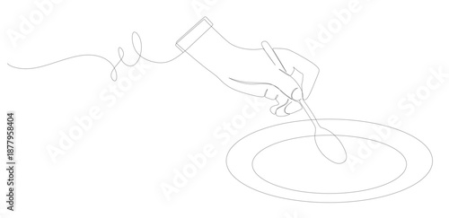 Continuous line art of a hand holding a spoon on a plate. This image is for a restaurant or cafe banner. Vector illustration.