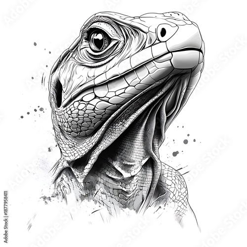 Photo Black and white sketch of a lizard head with paint splatters reptile face