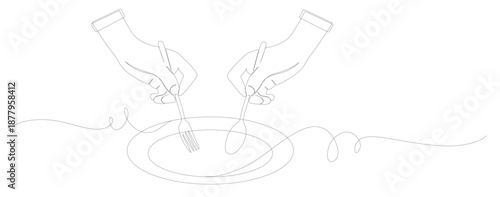 Continuous line art of a hand holding a spoon and fork on a plate. This image is for a restaurant or cafe banner. Vector illustration.