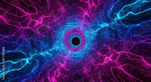 Abstract tunnel of vibrant magenta and cyan energy streaks toward a dark center
