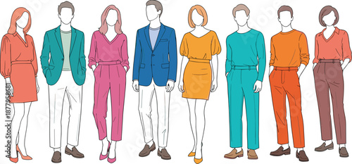 Stylish business people wearing colorful outfits, modern corporate fashion illustration, professional men and women isolated on white background