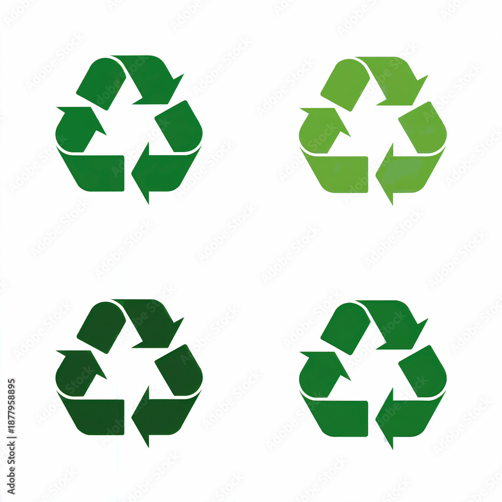 Fototapeta premium Four green recycling symbols with varied arrow styles on white background representing sustainability