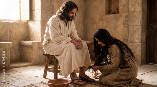 Mary Magdalene anointing Jesus' feet with precious oil and wiping them with her hair, biblical scene
