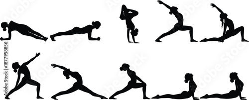 Yoga silhouette collection showing fitness poses stretching exercises, female athlete workout sequence vector illustration isolated white background