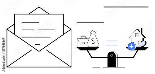 Financial balance concept. Illustration highlights financial planning with a scale comparing money and homeownership priorities. Financial balance promotes smarter decision-making. finances