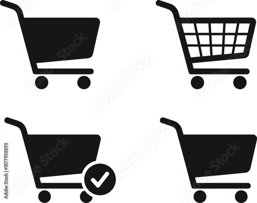 Black silhouette vector icons of retail shopping carts and grocery trolley symbols with checkmark, isolated for e-commerce store apps, checkout.