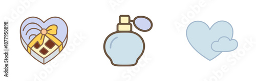 Heart-shaped gift box, elegant perfume bottle, and two loving hearts represent symbols of affection and care in a charming illustration.