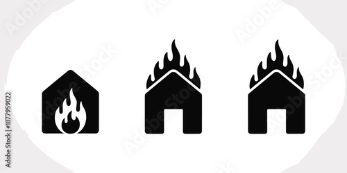 Burning houses icons set in black and white vector illustration depicting property damage disaster insurance claim arson fire hazard home safety emergency risk management real estate crisis financial