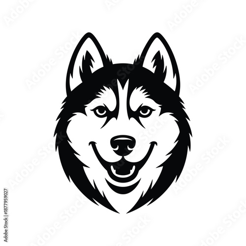 Black vector silhouette of alaskan malamute head, powerful dog portrait illustration for canine logos, pet shop branding, animal themed graphics and modern design projects.