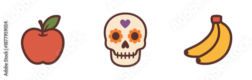 Vibrant apple, sugar skull, and banana icons represent healthy eating and festive cultural celebrations in a playful vector style.