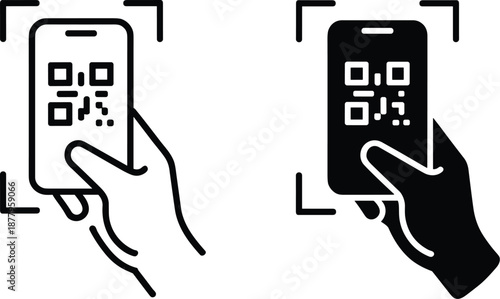 Scanning QR code with mobile phone smartphone device in hand for secure payment transaction or information access modern technology concept vector illustration for business marketing advertising 2d an