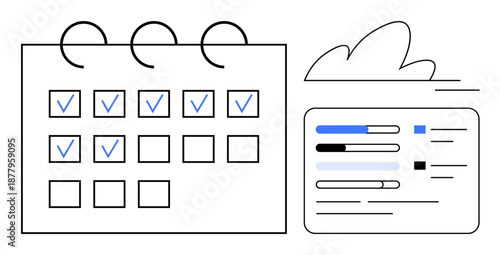 Time management, organizational efficiency, project tracking, task completion, productivity tools, business planning. A calendar with checkmarks next to a data chart. Time management