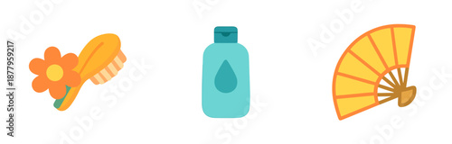 Collection of everyday objects including a bath brush with a flower, a lotion bottle with a droplet, and a folding hand fan, all rendered in a clean flat design style.