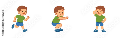 Young boy cartoon character performing various physical exercises including running, squatting, and stretching, illustrating childhood activity and healthy movement