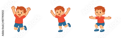 Young boy cartoon character in various energetic poses, including jumping, running, and standing happily, showcasing childhood joy and activity.