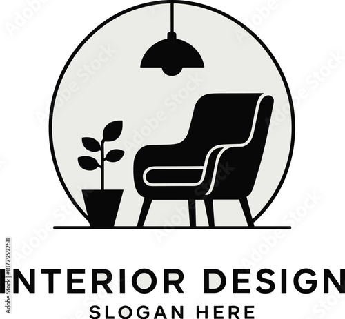 Elegant interior design logo with modern armchair potted plant and stylish lamp minimalist line art illustration for home decor branding furniture store advertising and interior design company profile