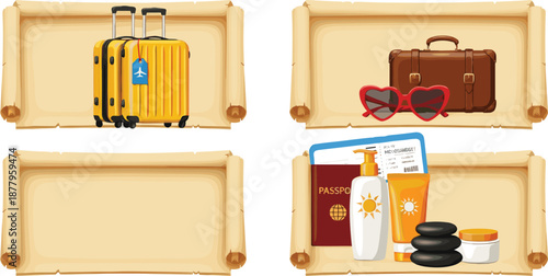 Travel and Vacation Parchment Banner Vector Set Featuring Luggage, Suitcase, Passport, Sunglasses, Sunscreen, and Holiday Accessories for Tourism and Travel Designs